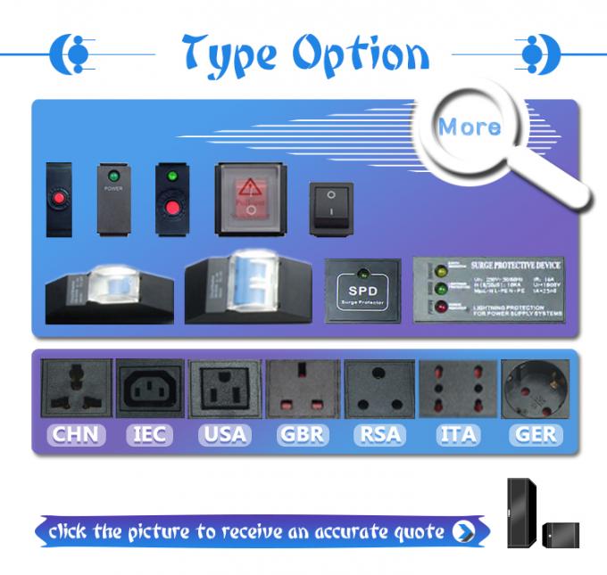 19 ιντσών Αλουμίνιο Μαύρο IEC Τύπος 6 Οδοι 8 Πύλες C13 C14 Μονάδα Διανομής Ενέργειας 16Amp/32Amp Με Commando Plug Διαθέσιμο IEC320 Smart Socket PDU 3
